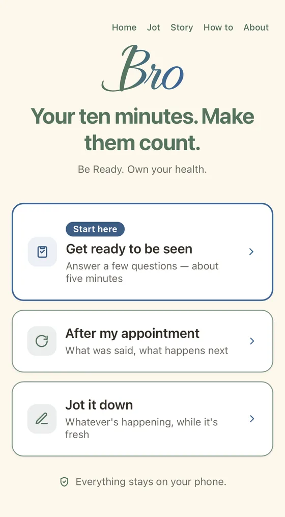 The BRO home screen: Your ten minutes. Make them count. Get ready to be seen, After my appointment, Jot it down.